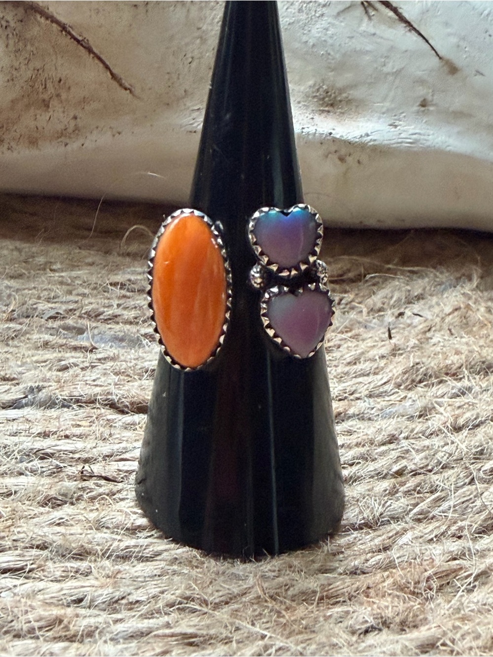 Sterling Silver Orange Spiny Oval & Purple Opal Heart Gemstone Bypass Ring